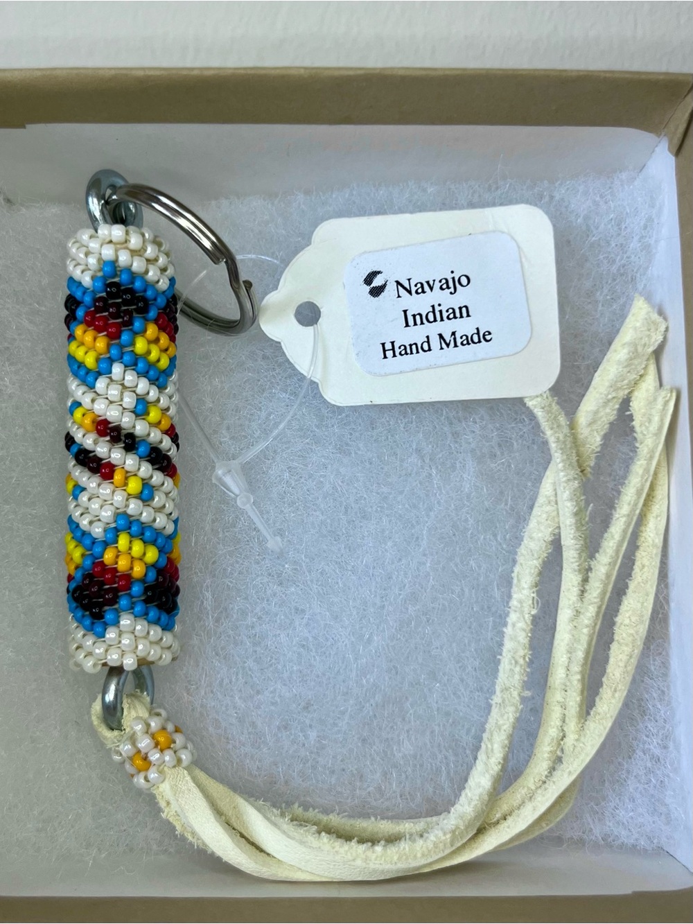 Handmade Navajo Beaded Keychain With White Suede Tassel & Gift Box - Multicolor